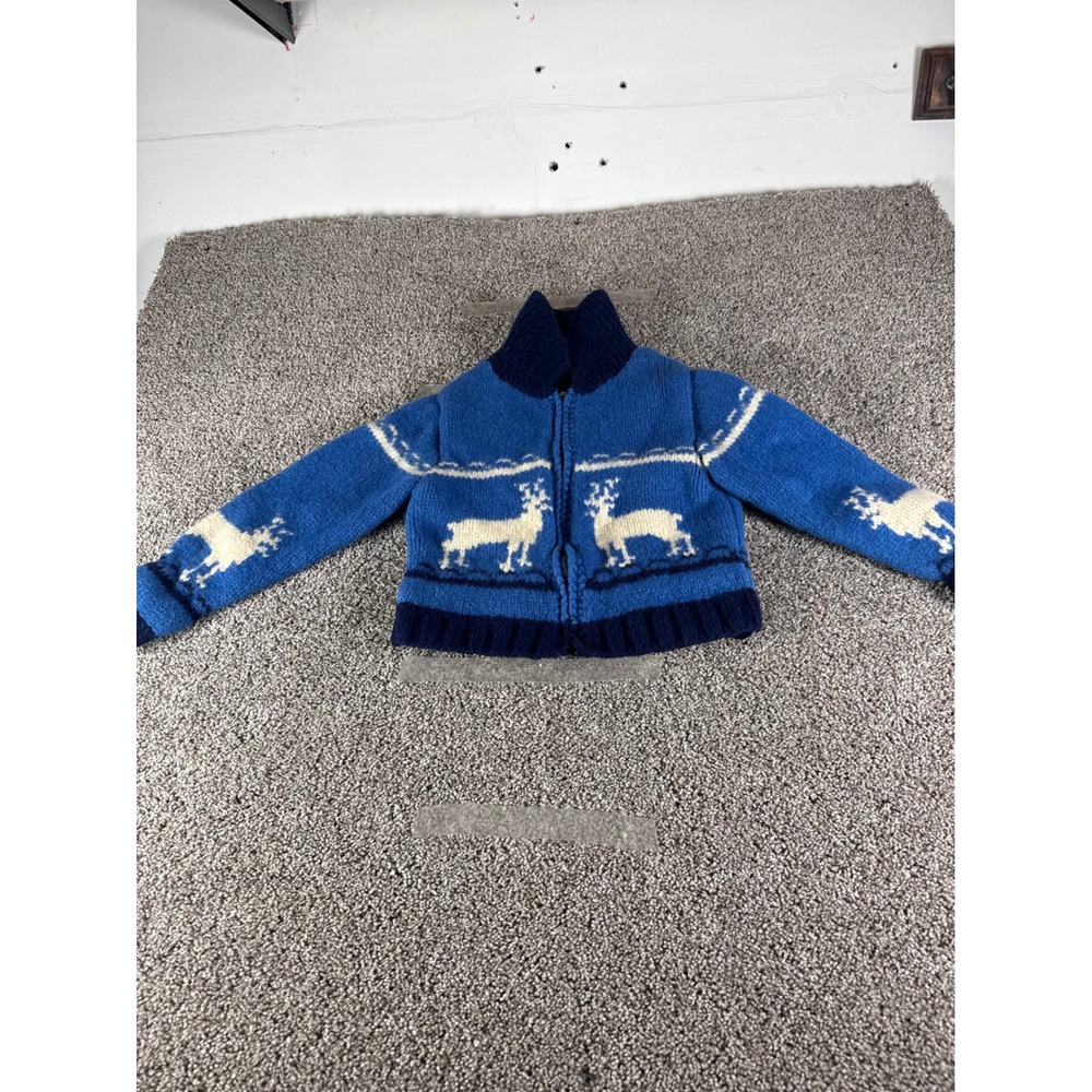 Vintage Reindeer Intarsia Knit Full Zip Cardigan Blue White Sweater Women Small